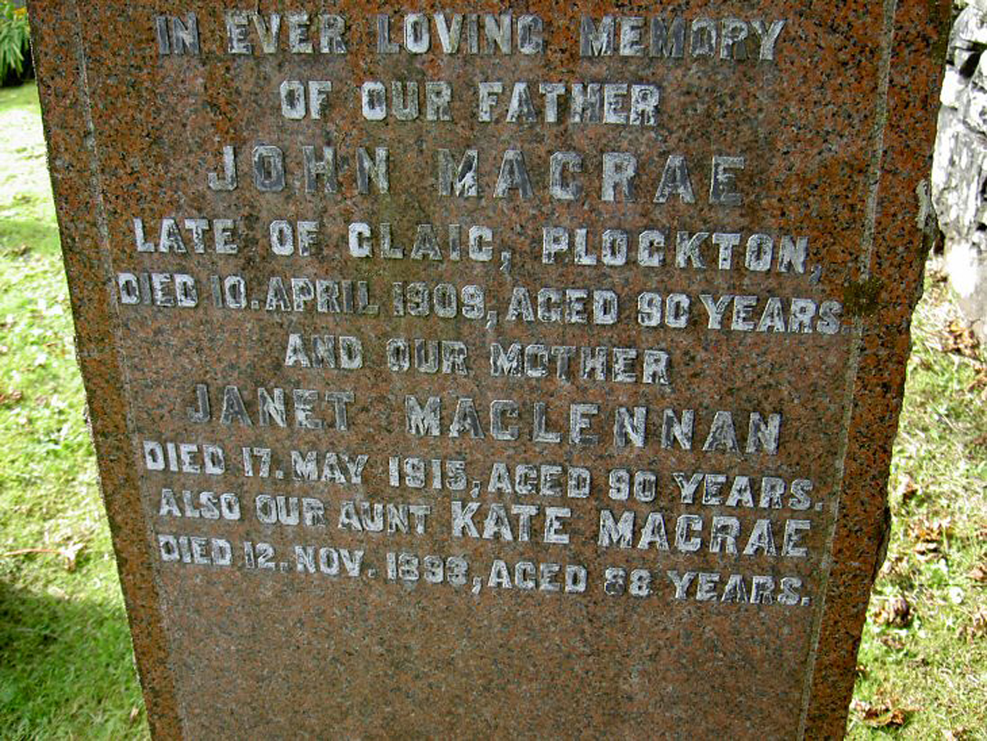 Photo of headstones/Janet McLennan died 1915 MI Plockton
